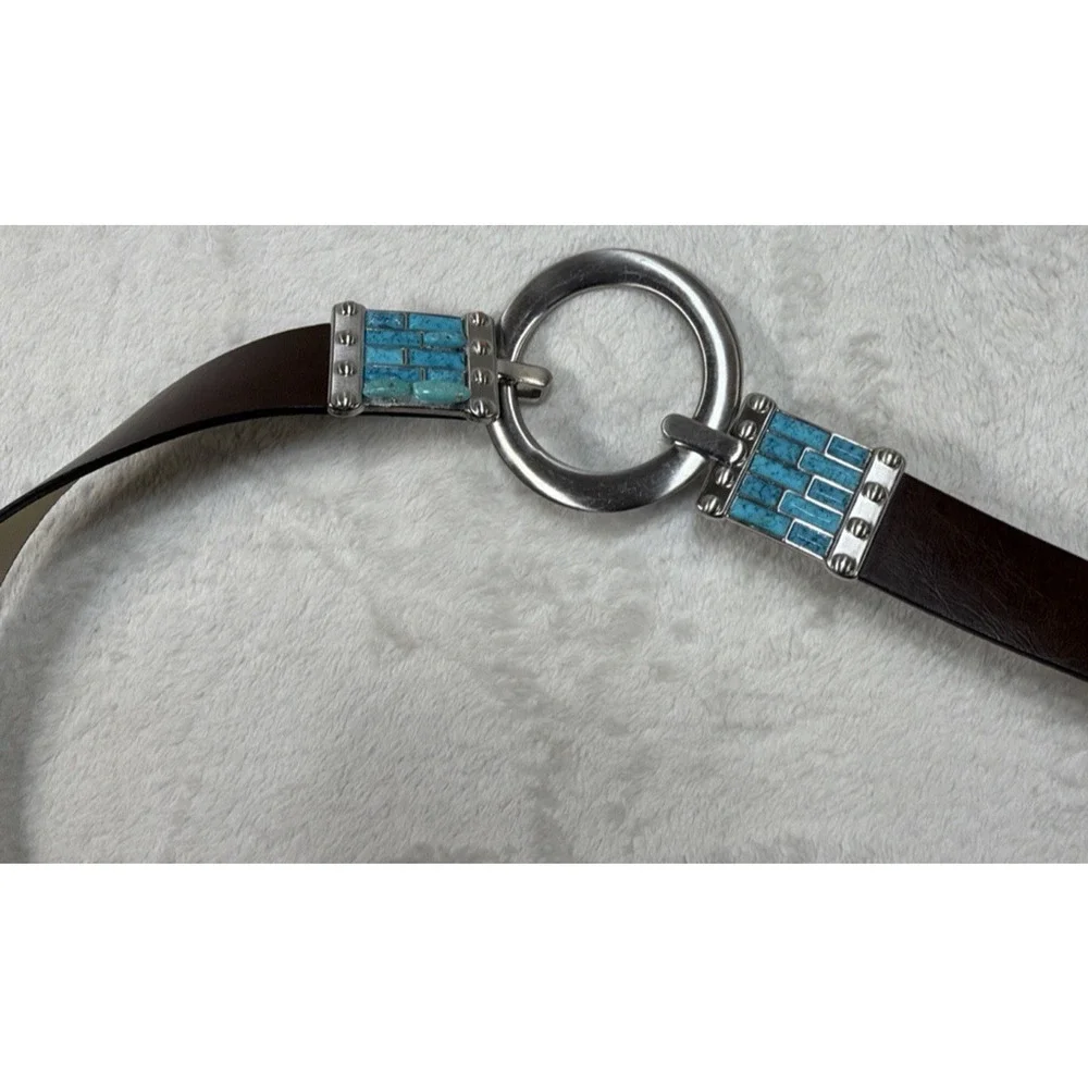 Chicos Turquoise Leather Belt Brown Silver O Ring Buckle Western Southwestern ML